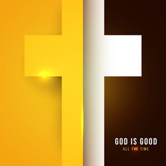 Christian golden cross in minimal trendy geometric paper cut style. Creative modern religious concept. Colorful vector illustration. Background for greeting card, banner, cover.