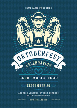 Oktoberfest flyer or poster retro typography template design beer festival celebration vector illustration.