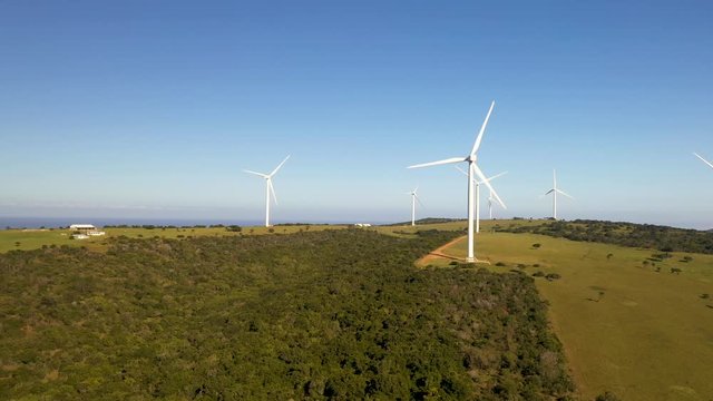Aerial view of windmills next the ocean in South Africa