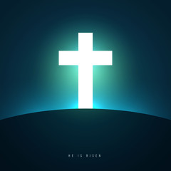 Obraz premium Christian cross on hill with ray light or shine . Creative modern religious minimalistic concept. Colorful vector illustration. Background for greeting card, banner, cover.