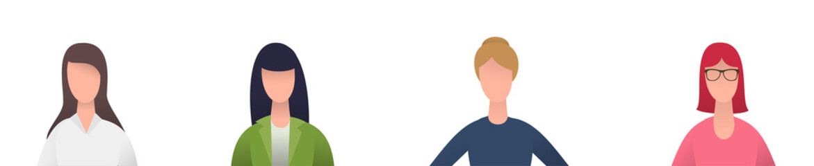 Set of colorful cartoon female character in casual clothes isolated on white background. Front view. Modern flat vector illustration.