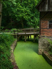 Fototapeta na wymiar The old farmhouse and wooden bridge over pond