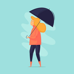 Girl with an umbrella. Autumn is raining. Flat design vector illustration.