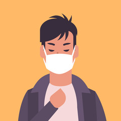 man wearing face mask environmental industrial smog dust toxic air pollution and virus protection concept male cartoon character portrait flat