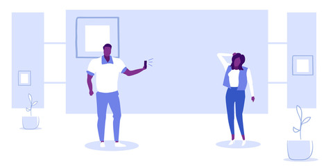 man using smartphone camera taking photo of african american woman model shoot concept sketch horizontal full length