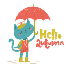 Hello Autumn poster with cat with an umbrella