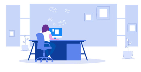 businesswoman sitting at workplace desk girl using computer monitor with chatting notifications social network communication concept modern office interior sketch horizontal