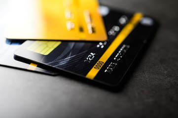 Credit cards that are stacked on the floor,selective focus