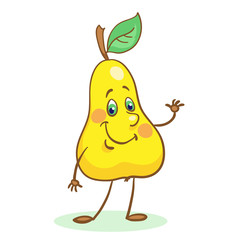 Funny smiling pear stands isolated on a white background. In cartoon style.