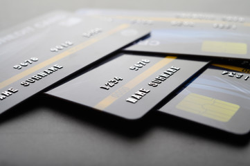 Credit cards that are stacked on the floor,selective focus