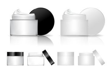 Transparent cream jar, cosmetic bottle, beauty product package. Vector illustration.