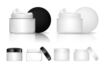Transparent cream jar, cosmetic bottle, beauty product package. Vector illustration.