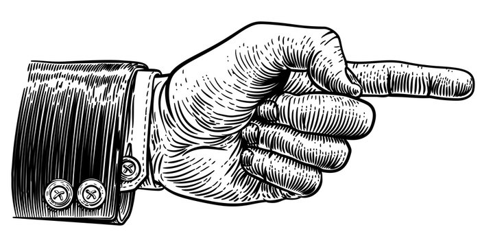 A hand pointing a finger in a direction sign. Wearing a business suit in a vintage antique engraving woodblock or woodcut style.