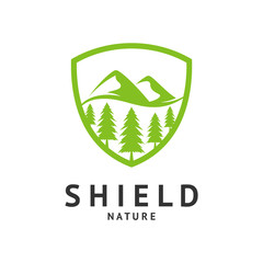 shield logo with mountain landscape and pine/spruce. green emblem badge flat style. outdoor icon. nature forest vector illustration. modern design