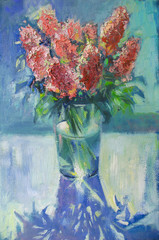 Flowers in glass vase in counter light. Original artwork, oil painting