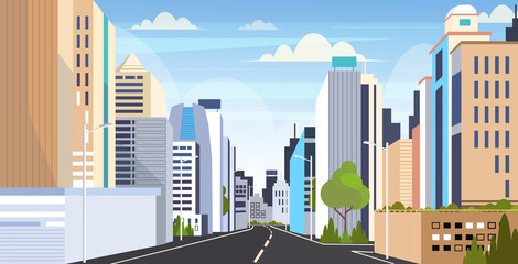 highway asphalt road city skyline modern buildings high skyscrapers cityscape background flat horizontal