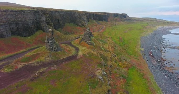 Dva Brata Rock (Saami tract). Sredniy Peninsula. Barents Sea, Murmansk region. Russia. Aerial