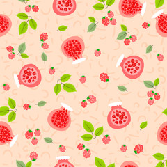 Red jars with manin jam. Children's design. Seamless pattern. Vector illustration.