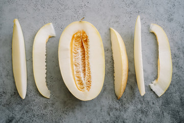 Fresh melon piece. Creative layout ripe fruits. Food concept