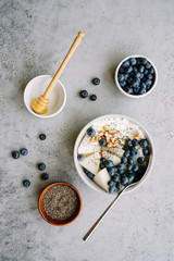 Breakfast bowl with cottage cheese or yogurt, blueberries, chia seeds and almonds. Healthy breakfast concept