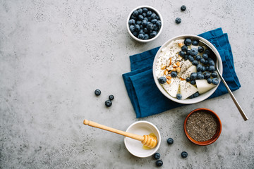 Breakfast bowl with cottage cheese or yogurt, blueberries, chia seeds and almonds. Healthy breakfast concept