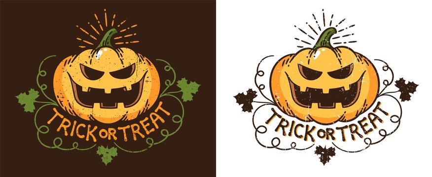 Halloween pumpkin - vintage print logo. Retro Jack lantern pumpkin with smile. Vector illustration.