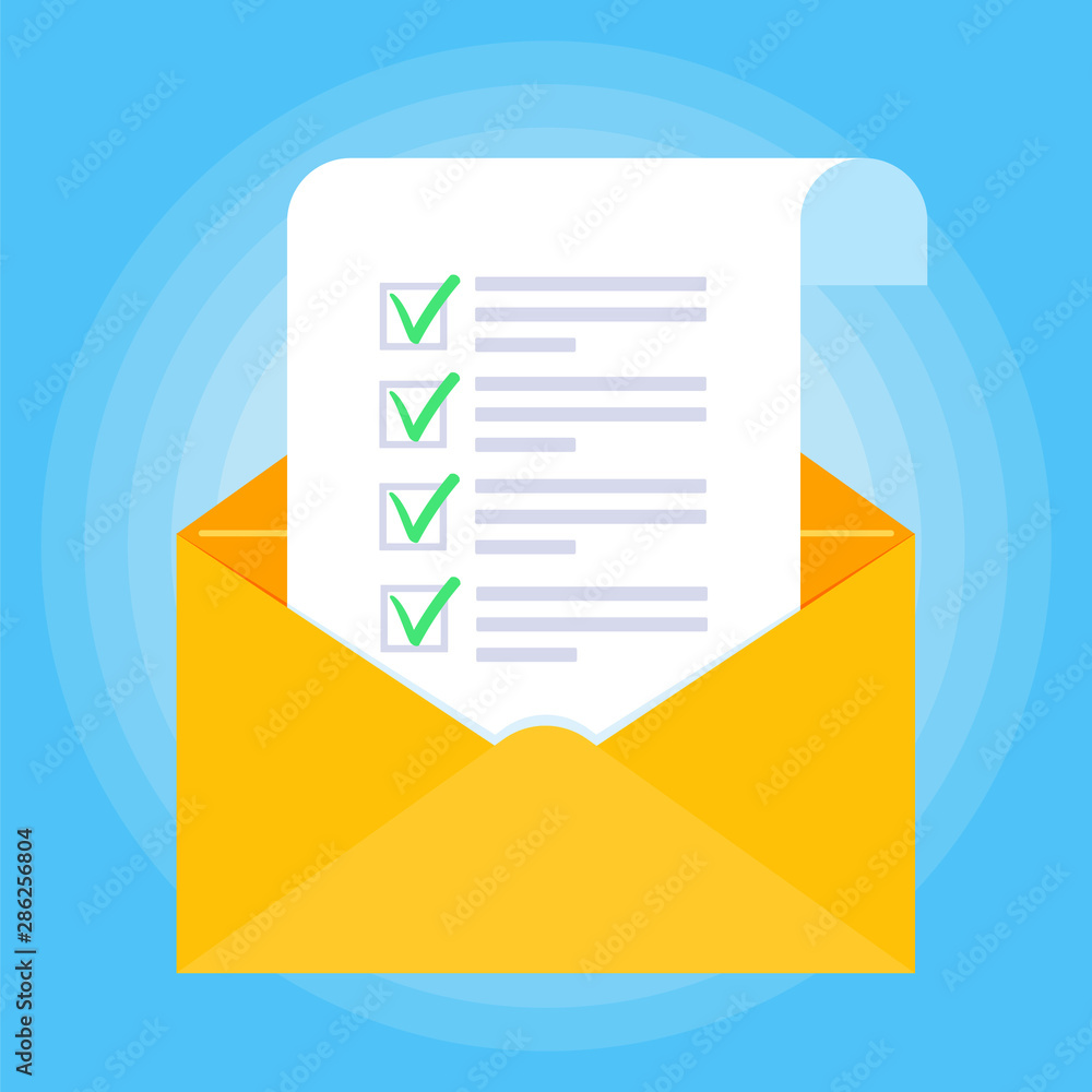 Poster open envelope with document paper sheet page check mark tick text icon sign vector checklist. symbol