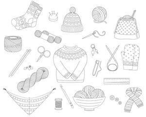 Set of vector line icons for knitting and crochet (yarn, needles, socks, sweater, hook and other DIY tools)