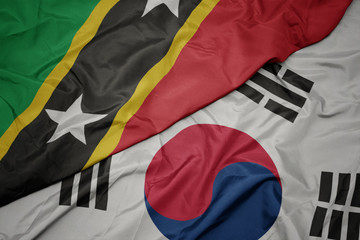 waving colorful flag of south korea and national flag of saint kitts and nevis.