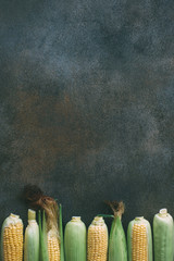 Raw Organic Corn On Dark Gray Background. Creative flat lay. Food concept
