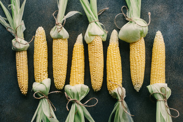 Raw Organic Corn On Dark Gray Background. Creative flat lay. Food concept