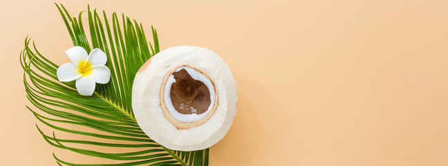 Palm leaf, plumeria flower and coconut on pastel orange background, top view. Mockup, overhead. Flat lay image with copy space. Summer and tropical concept