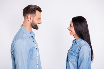 Profile side view portrait of his he her she nice attractive lovely lovable charming cute cheerful cheery persons first date meet connection communicate isolated over light white pastel background