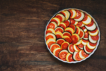 Cooking Ratatouille. Traditional French Vegetable Dishes. Copy space, top view