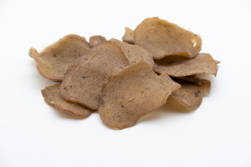 Traditional Thai snack, Raw rice cracker mix fish meat on white background