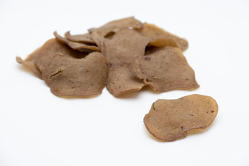 Traditional Thai snack, Raw rice cracker mix fish meat on white background