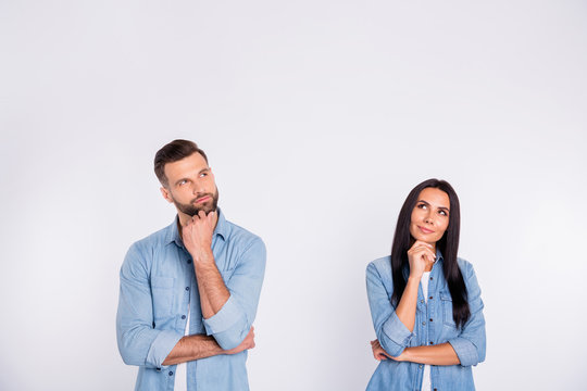 Portrait of his he her she nice-looking pretty attractive lovely charming cute cheerful curious persons asking question first date isolated over light white pastel background
