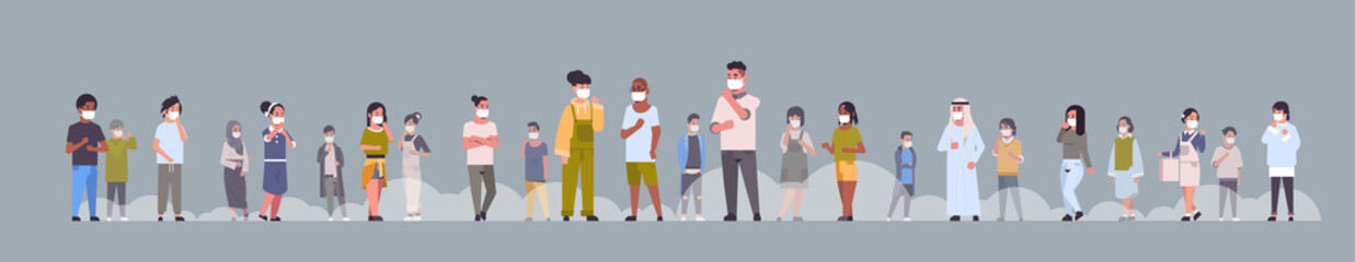 Obraz premium people wearing face masks environmental industrial smog dust toxic air pollution and virus protection concept mix race men women walking outdoor full length horizontal flat