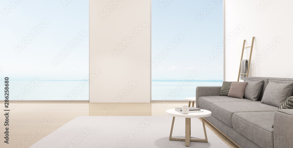 Aufkleber perspective of modern luxury living room with grey sofa on sea view background, minimal, architectur