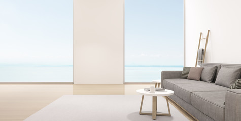 Fototapeta na wymiar Perspective of modern luxury living room with grey sofa on sea view background, Minimal, Architecture idea of large window system. - 3D rendering.
