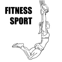 Crossfit Woman on gymnastic rings. Vector Illustration black line on white background.  