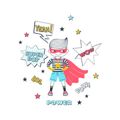 Child in superhero costume vector illustration. Smiling super boy standing in hero pose cartoon character. Childish cosplay, role playing. Kids birthday party, comic book banner concept with lettering