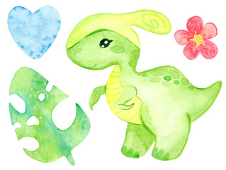 Hand painted dinosaurs isolated on white background. Predator animal of the prehistoric period. Cartoon cute friendly dinosaur. Tropical leaves