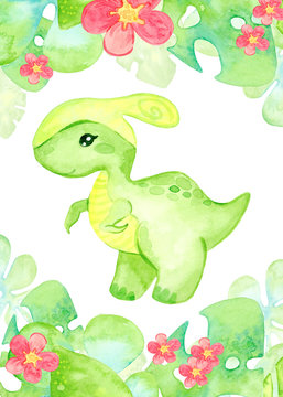 Hand painted dinosaurs isolated on white background. Predator animal of the prehistoric period. Cartoon cute friendly dinosaur. Frame with tropical leaves and flowers.