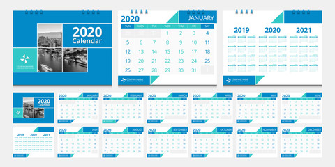 2020 calendar set week start Sunday corporate design template vector.
