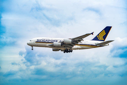 AIRPORT FRANKFURT,GERMANY: JUNE 23, 2017: Airbus A380 Singapore Airlines Limited is the flag carrier airline of Singapo re with its hub at Singapore Changi Airport.