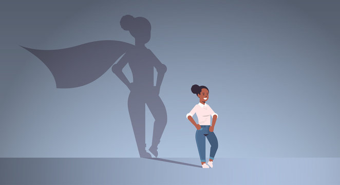 african american businesswoman dreaming about being super hero shadow of woman with cape imagination aspiration concept female cartoon character standing pose full length flat horizontal