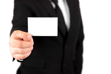 businessman with holding up his blank white business card to show his credentials and qualification. 