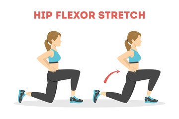 Obraz na płótnie Canvas Woman doing hip flexor stretch exercise. Idea of healthy