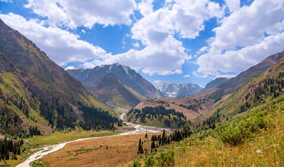 Fototapeta premium Panoramic view of the beautiful Left Talgar mountain valley with river, rocks and forest in Tian Shan mountains near Almaty city; best place for active lifestyle, hiking and trekking in Kazakhstan.
